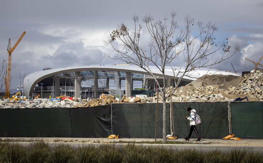 SoFi Stadium in Inglewood is under construction in this undated photo. (Allen J. Schaben/Los Angeles Times)