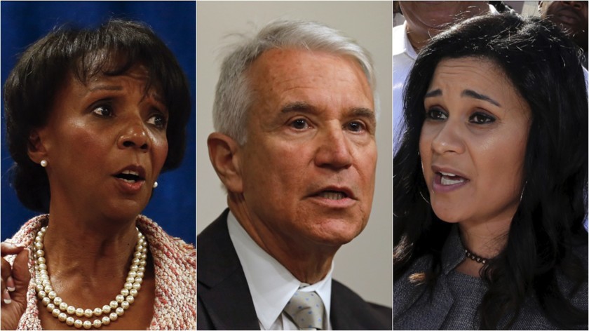 From left: Jackie Lacey, George Gascon and Rachel Rossi are candidates for the Los Angeles County District Attorney race. (Los Angeles Times)