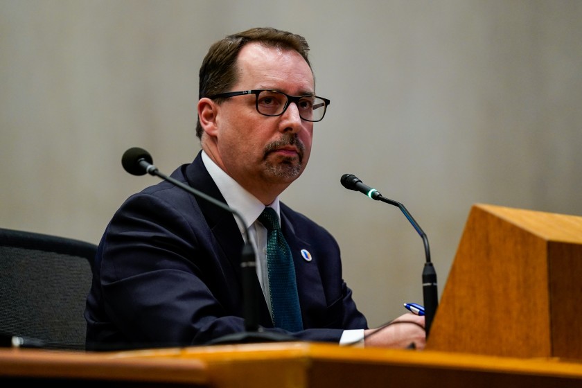 Los Angeles County chief elections official Dean Logan appears at an L.A. County Board of Supervisors meeting on March 10, 2020. (Credit: Kent Nishimura / Los Angeles Times)