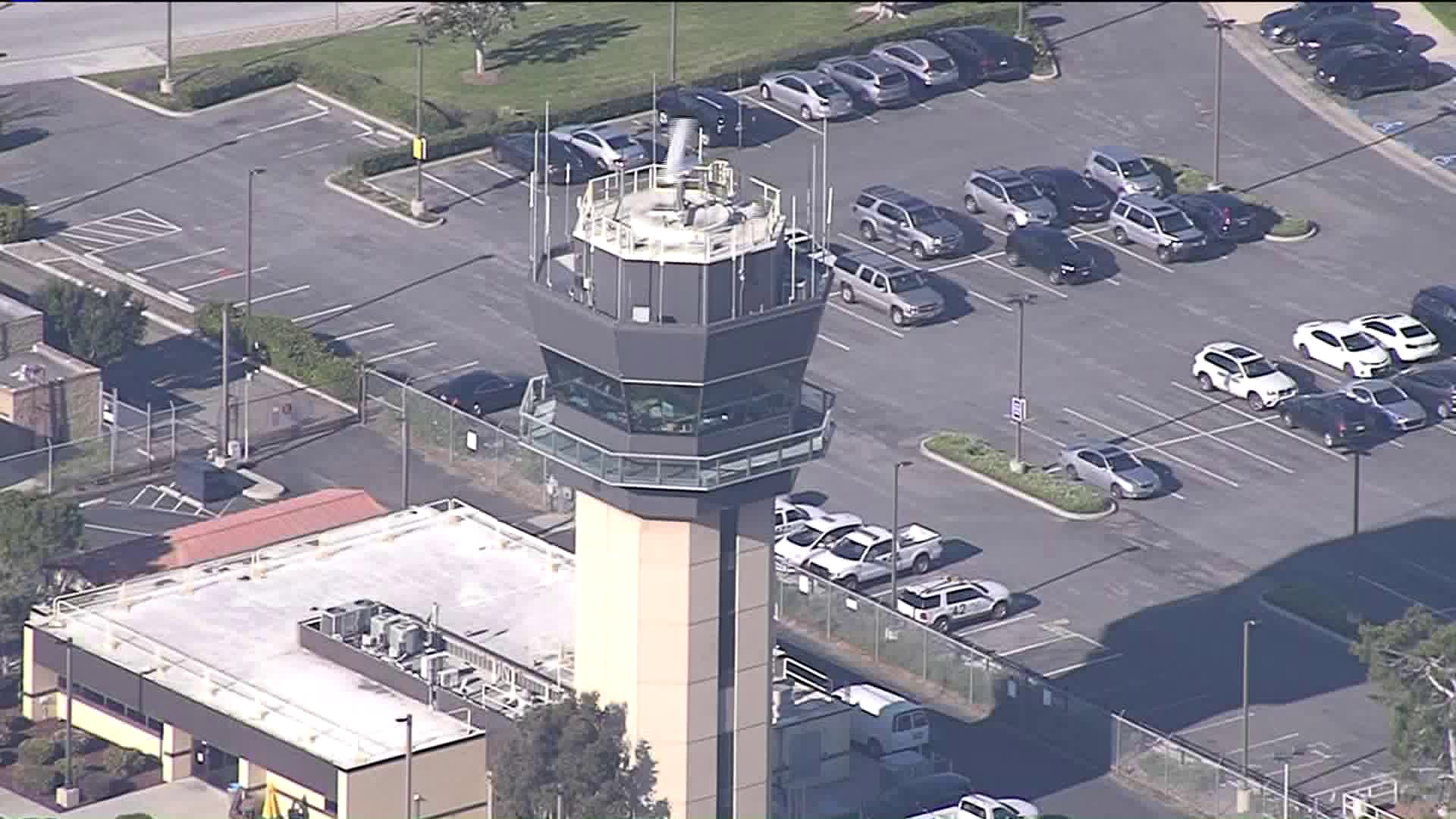 The John Wayne Airport control tower is seen on March 27, 2020. (KTLA)