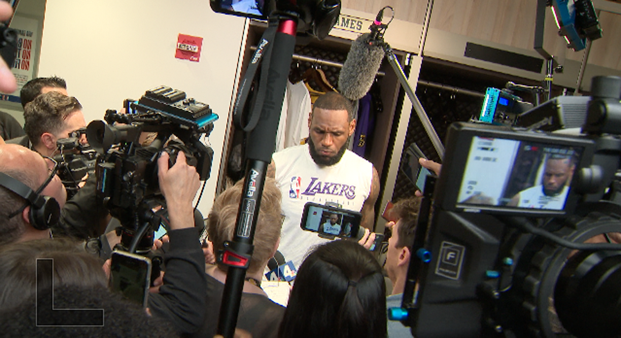 Lakers player LeBron James speaks to reporters after a game against the Clippers at Staples Center on March 9, 2020. (KTLA)