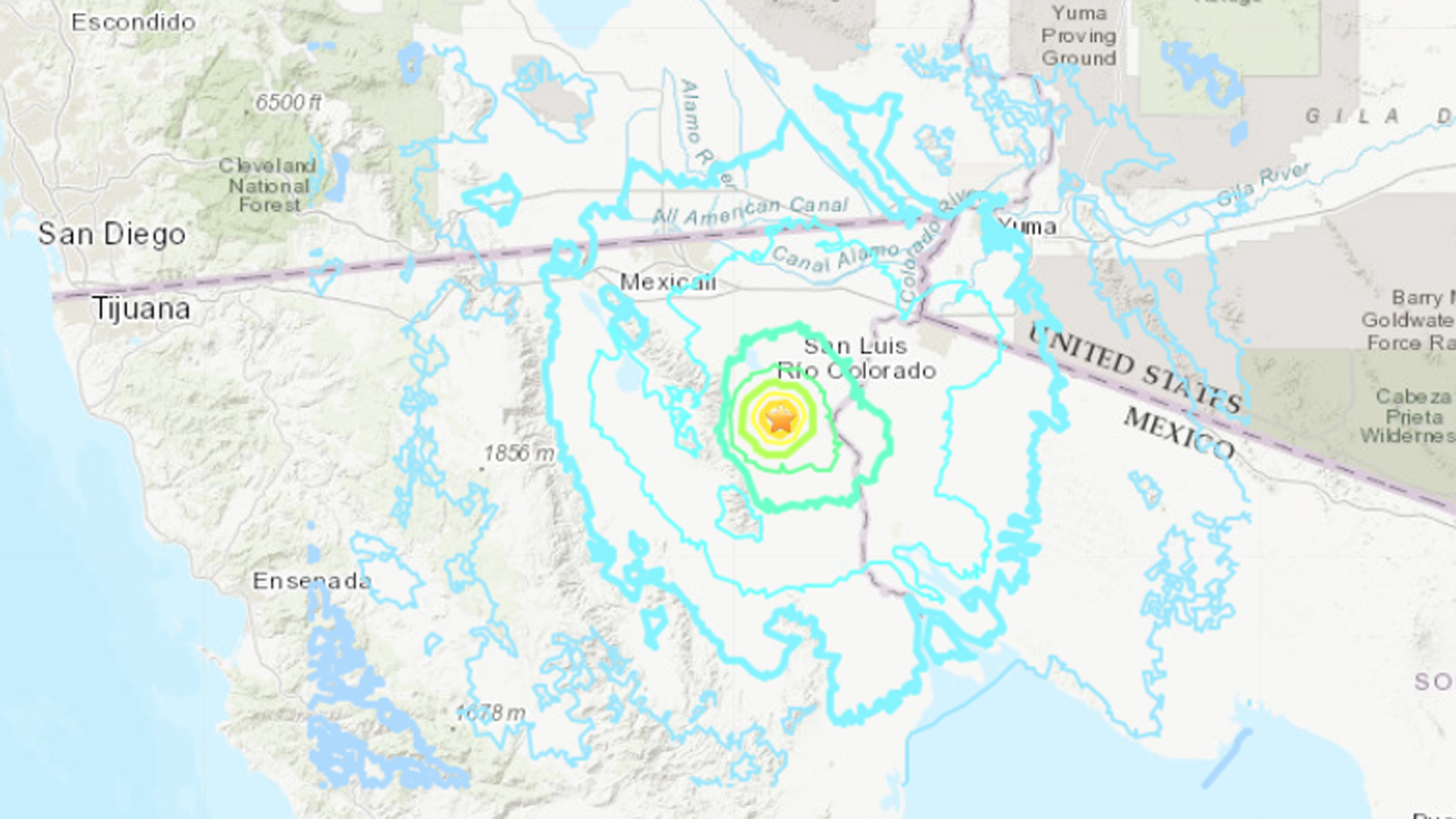 A 5.6 magnitude earthquake that hit northern Baja California on March 6, 2020, is seen in a map provided by the U.S. Geological Survey.