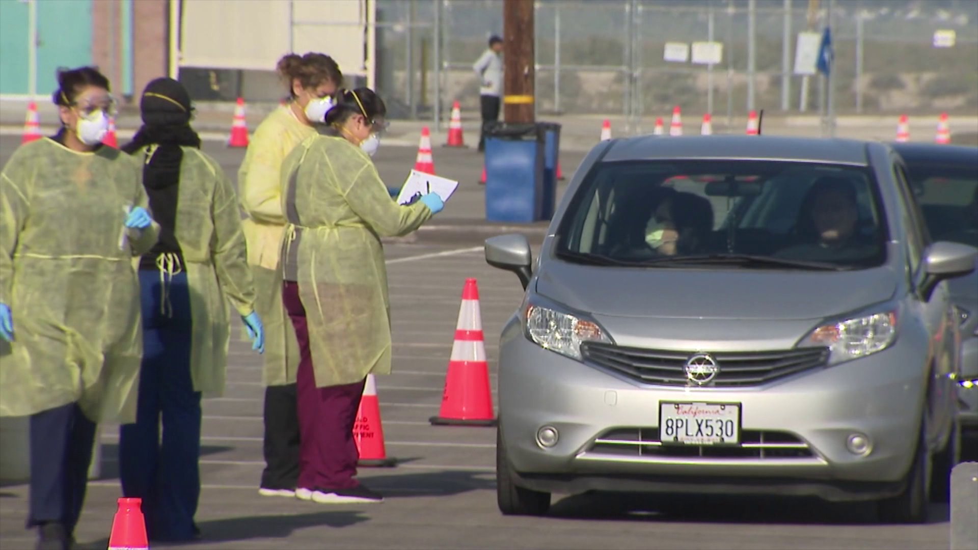 A car drives up to a curbside coronavirus testing center in Lake Elsinore on March 21, 2020. (KTLA)