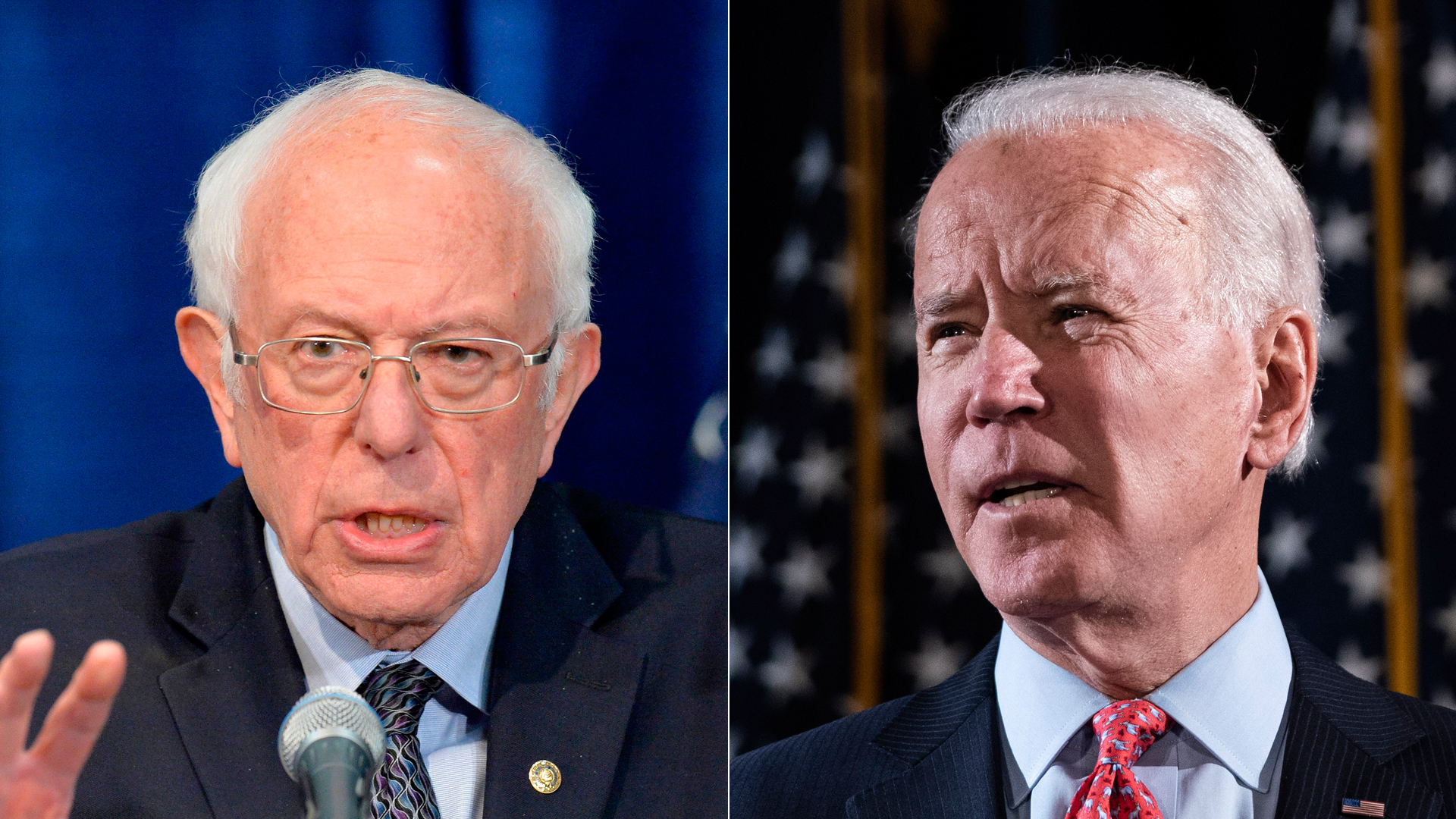 Sen. Bernie Sanders and former Vice President Joe Biden are seen separately giving remarks on coronavirus on March 11, 2020. (Credit: Getty Images; left, Drew Angerer; right, JOSEPH PREZIOSO/AFP)