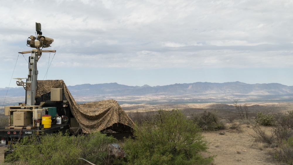 This April 4, 2019, photo provided by the U.S. Army shows a mobile surveillance camera system manned by soldiers near the Presidio Border Patrol Station at Presidio, Texas.