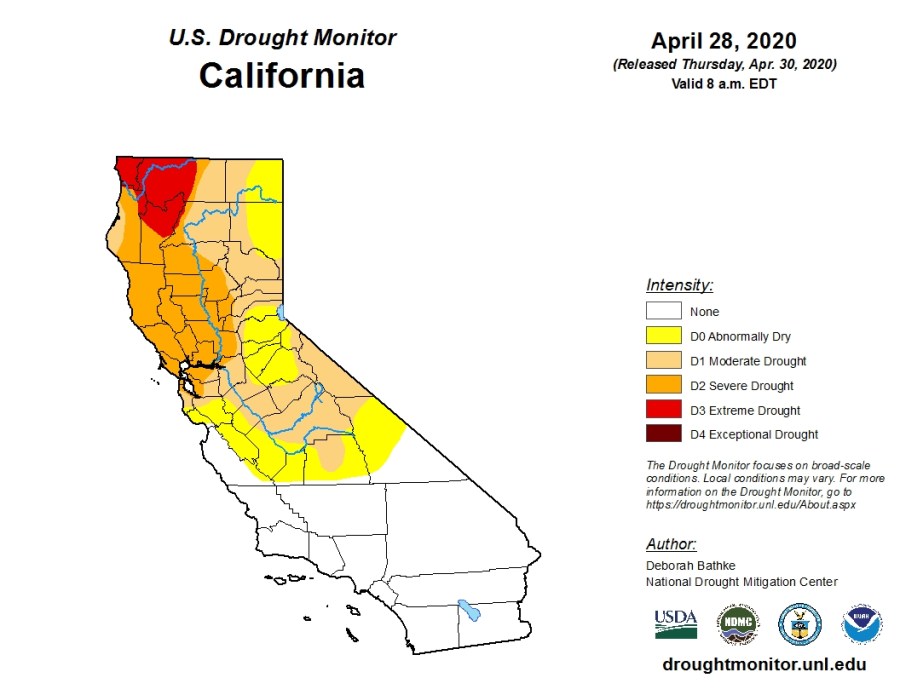 The U.S. Drought Monitor for April 28, 2020, shows more than 41% of California in drought.