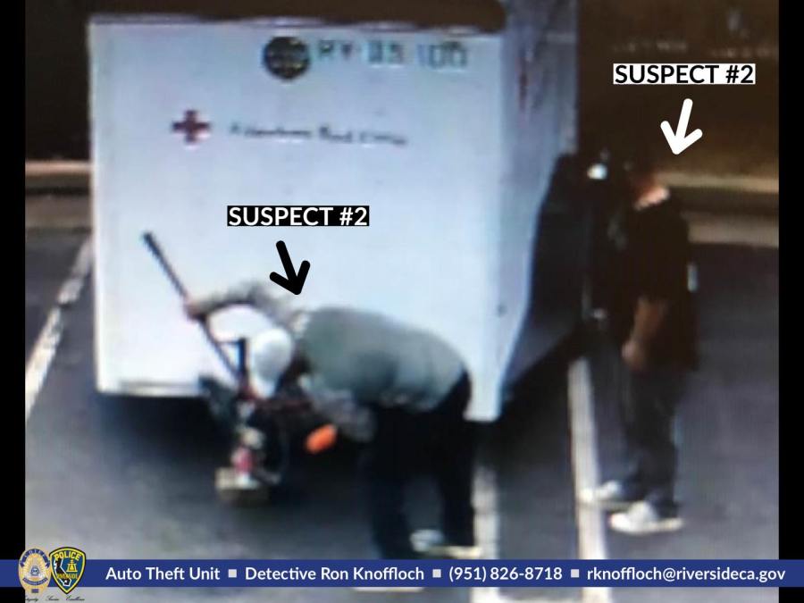 A photo of two men captured stealing a  Red Cross trailer in Riverside was released by police on on April 1, 2020.