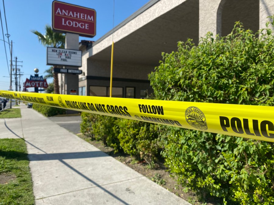 Detectives investigate a fatal shooting at the Anaheim Lodge, 837 S. Beach Blvd. in Anaheim, on April 14, 2020. (Anaheim Police Department)