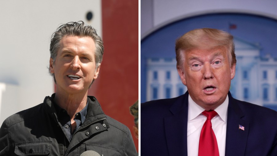 California Gov. Gavin Newsom speaks in front of the hospital ship USNS Mercy that arrived into the Port of Los Angeles on March 27, 2020. (Carolyn Cole-Pool/Getty Images) On the right, President Donald Trump speaks at the daily coronavirus briefing at the White House on April 9, 2020, in Washington, DC. (Alex Wong/Getty Images)