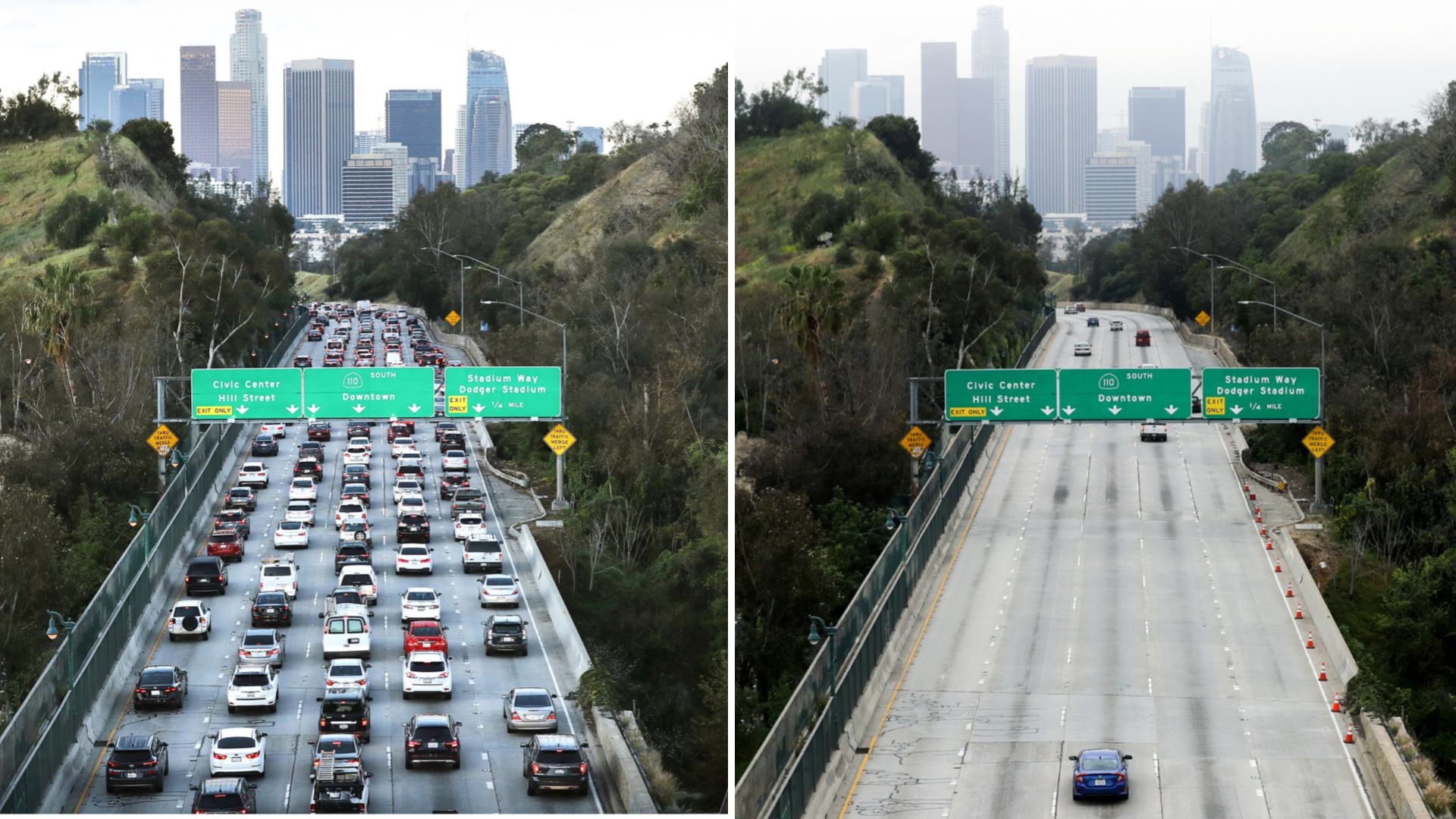 On the left, the 110 Freeway is seen on March 12, 2020, in Los Angeles, California. On the right, it is seen during what is normally morning rush hour amidst the coronavirus pandemic on April 17, 2020. (Mario Tama/Getty Images)