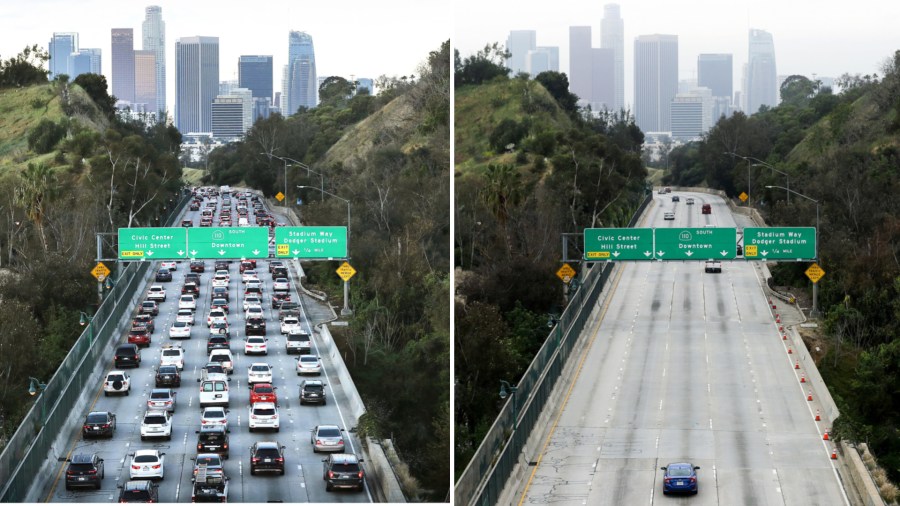 On the left, the 110 Freeway is seen on March 12, 2020, in Los Angeles, California. On the right, it is seen during what is normally morning rush hour amidst the coronavirus pandemic on April 17, 2020. (Mario Tama/Getty Images)