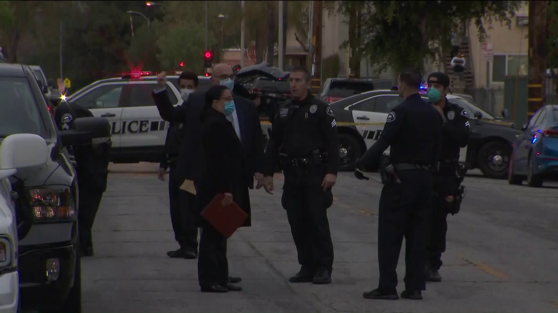 Police investigate a shooting that left three men wounded in San Fernando on April 18, 2020. (KTLA)