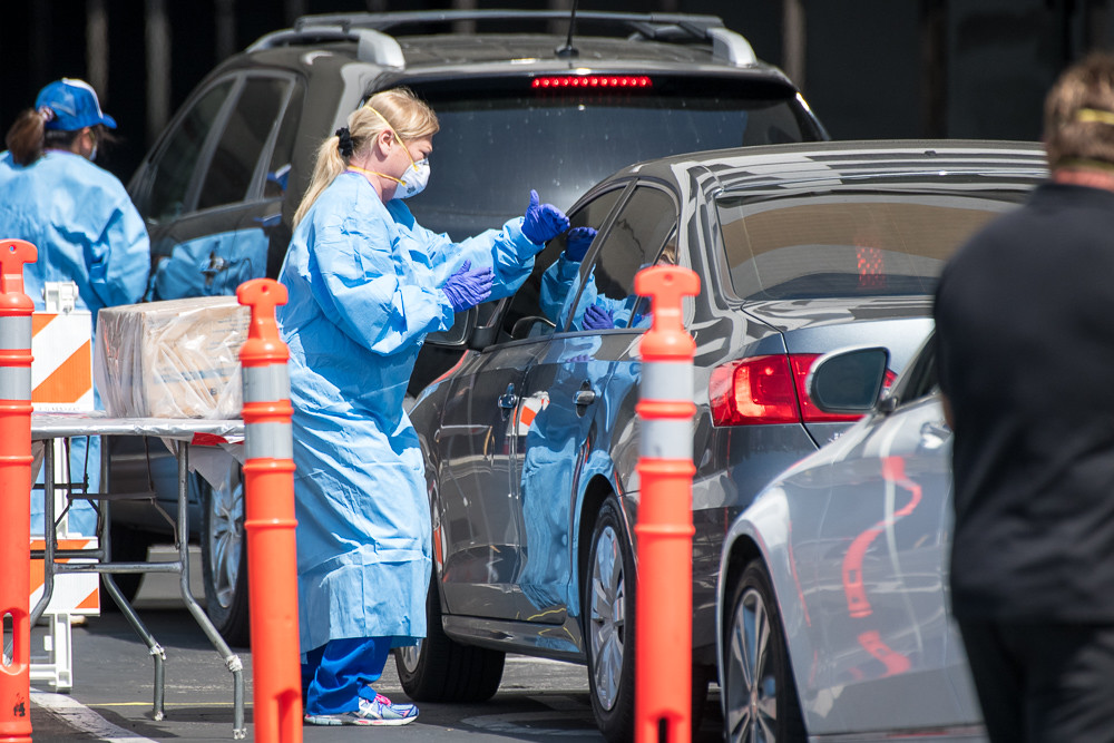 A drive-up mobile testing site for COVID-19 at the South Bay Galleria is seen on April 3, 2020. (Los Angeles County/Twitter)