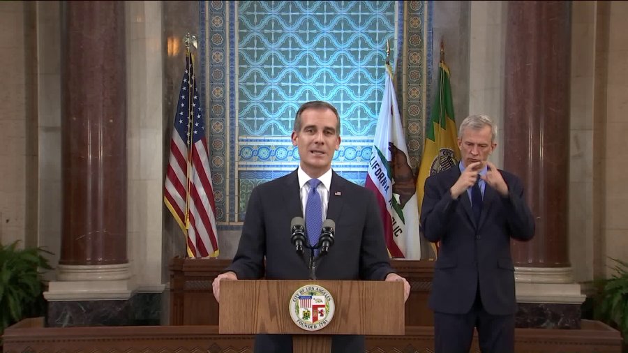 Los Angeles Mayor Eric Garcetti delivers the State of the City address on April 19, 2020. (KTLA)