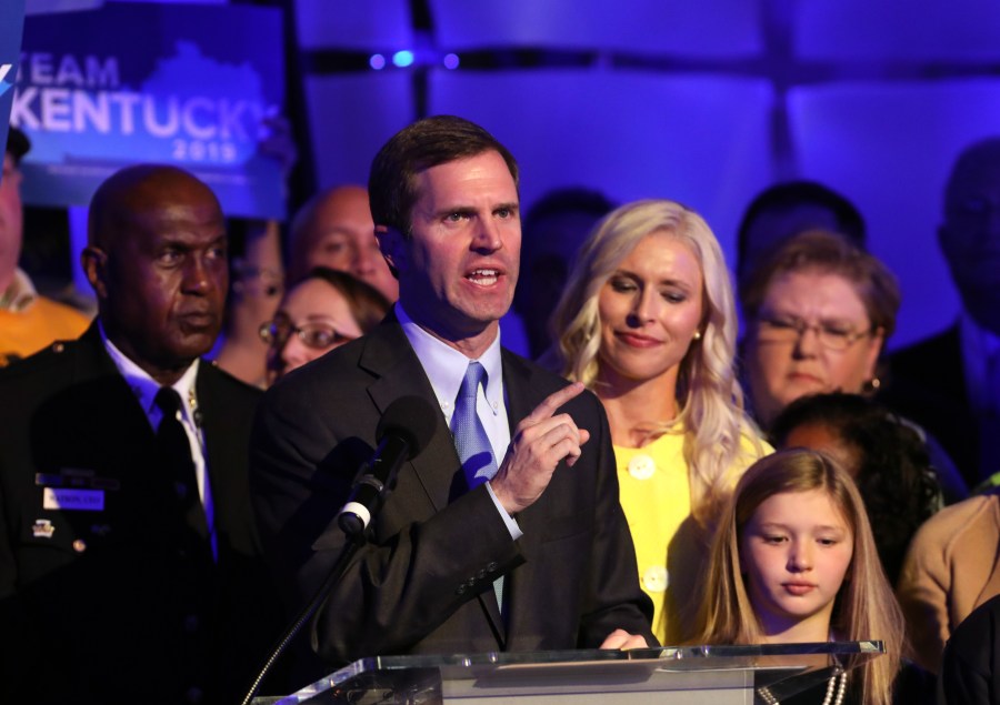 Gov.-elect Andy Beshear speaks to supporters after voting results showed the Democrat holding a slim lead over Gov. Matt Bevin at C2 Event Venue on Nov. 5, 2019, in Louisville, Kentucky. (John Sommers II/Getty Images)