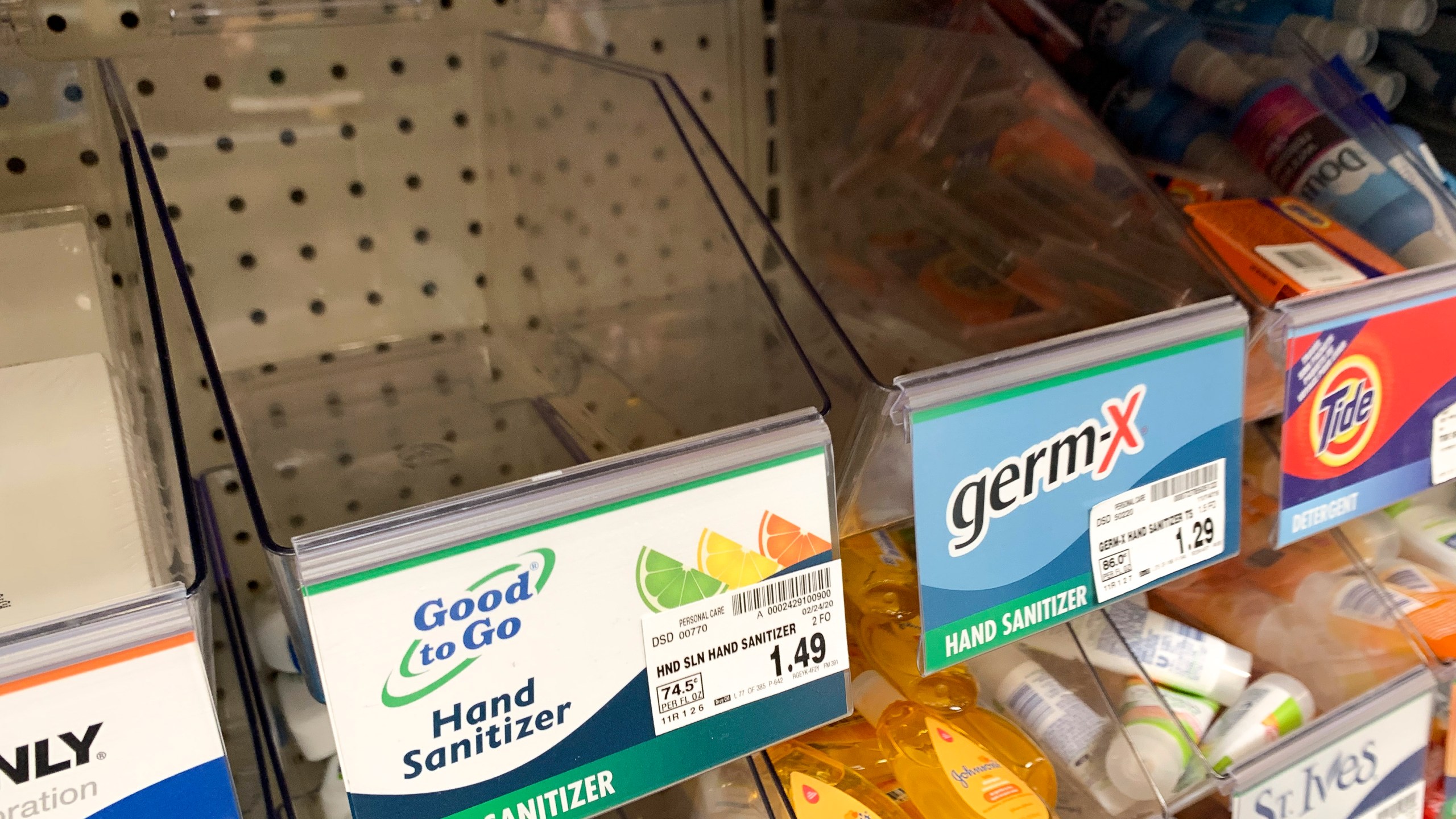 Empty containers for travel hand sanitizer are seen at a store following warnings about COVID-19 in Kirkland, Washington on March 5, 2020. (JASON REDMOND/AFP via Getty Images)