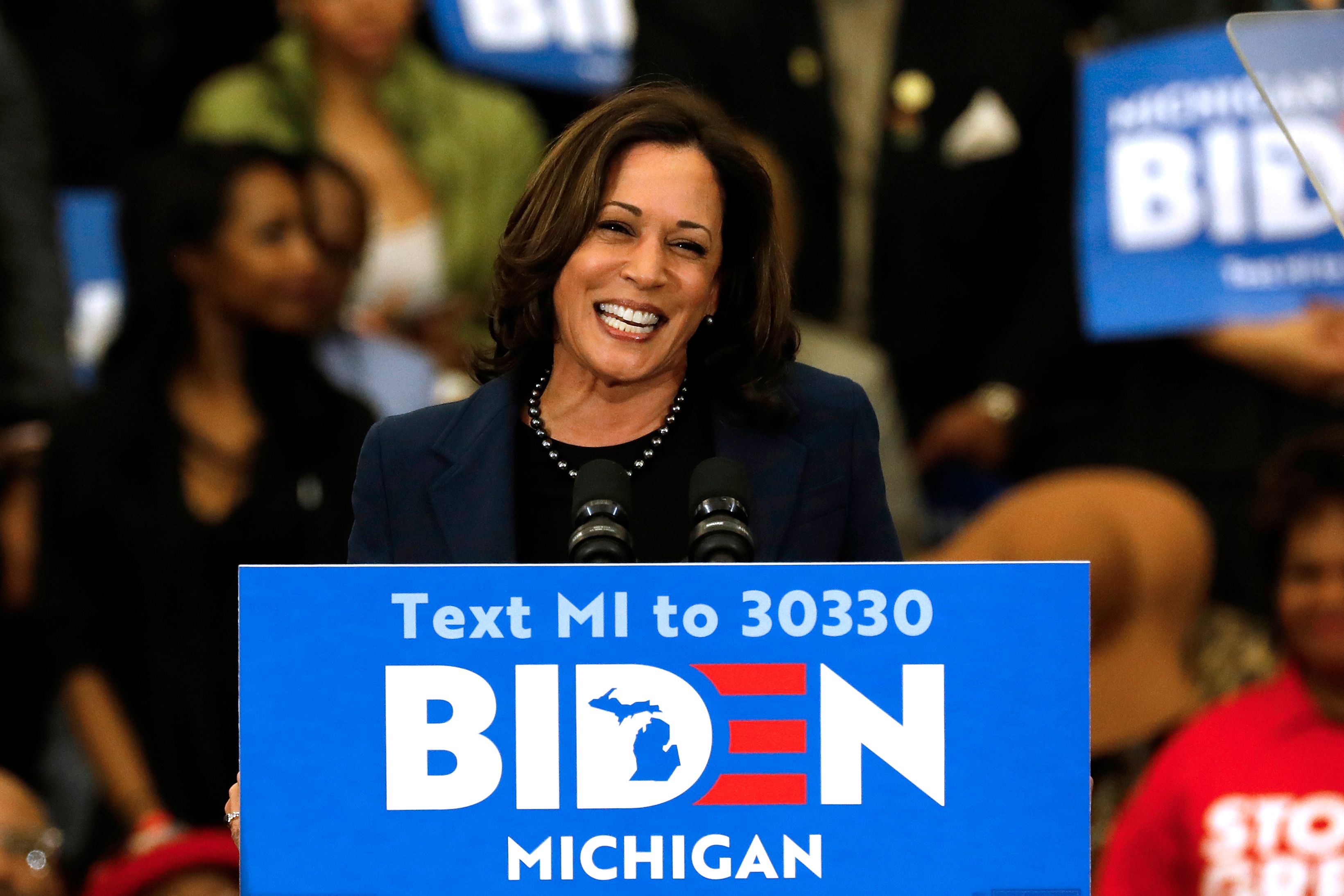 California Sen. Kamala Harris endorses former Vice President Joe Biden for president during a campaign rally in Detroit, Michigan, on March 9, 2020. (Credit: Jeff Kowalsky / AFP / Getty Images)