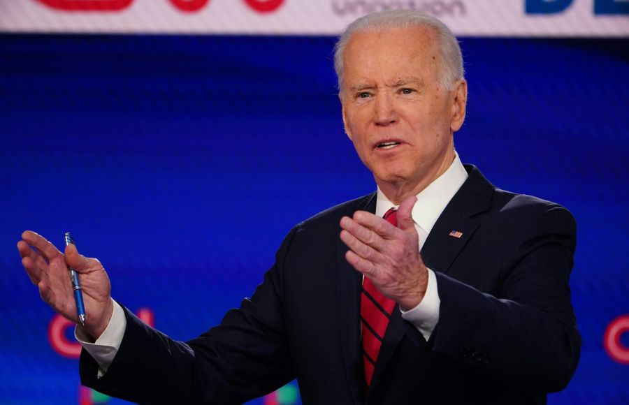 Democratic presidential hopeful former U.S. vice president Joe Biden makes a point as he and Senator Bernie Sanders take part in the 11th Democratic Party 2020 presidential debate in a CNN Washington Bureau studio in Washington, DC on March 15, 2020. (Mandel NGAN / AFP / Getty Images)