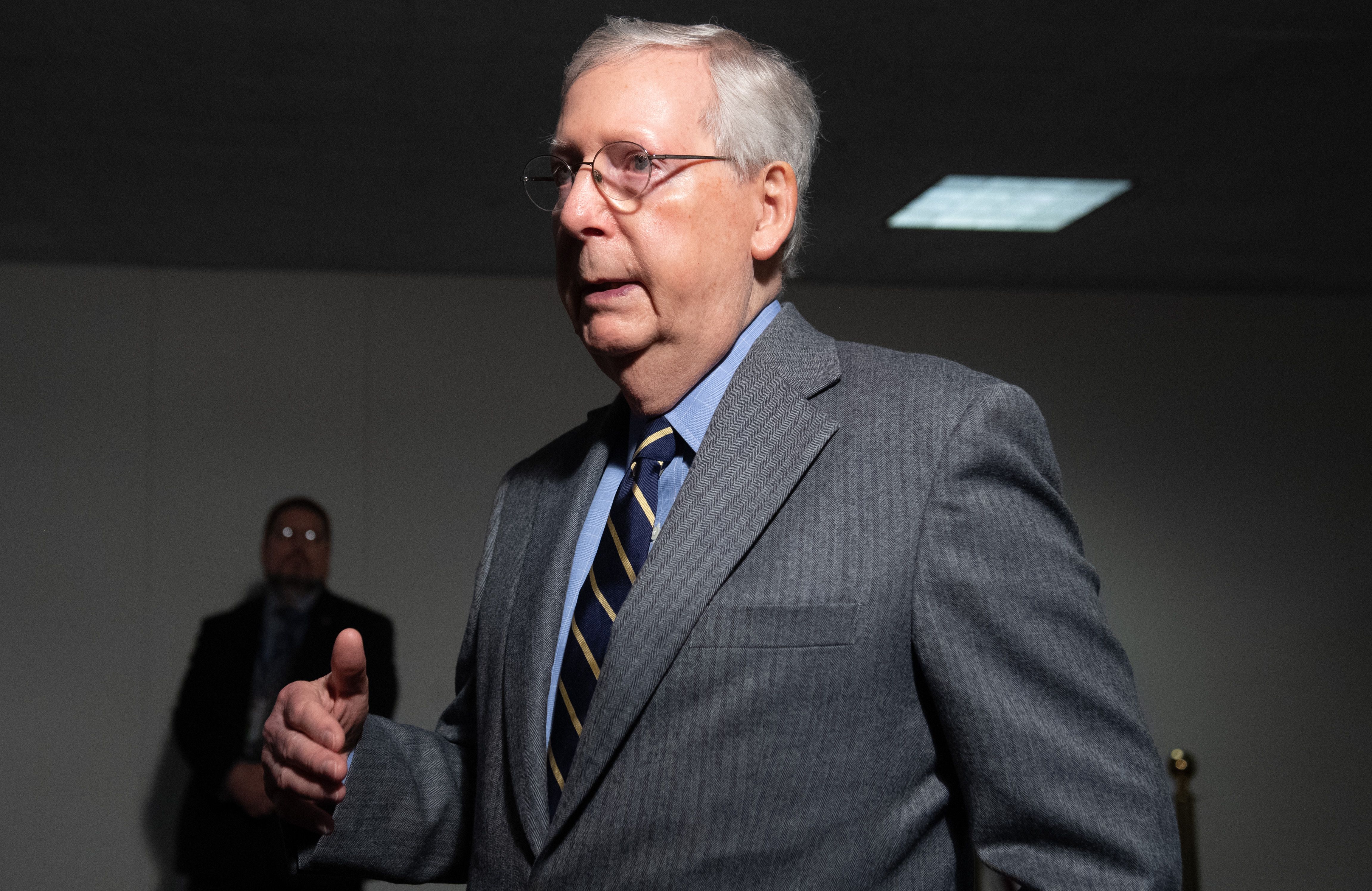 U.S. Senate Majority Leader Mitch McConnell speaks to the press as he arrives to attend a meeting to discuss a potential economic bill in response to the coronavirus, COVID-19, in Washington, D.C., on March 20, 2019.(SAUL LOEB/AFP via Getty Images)