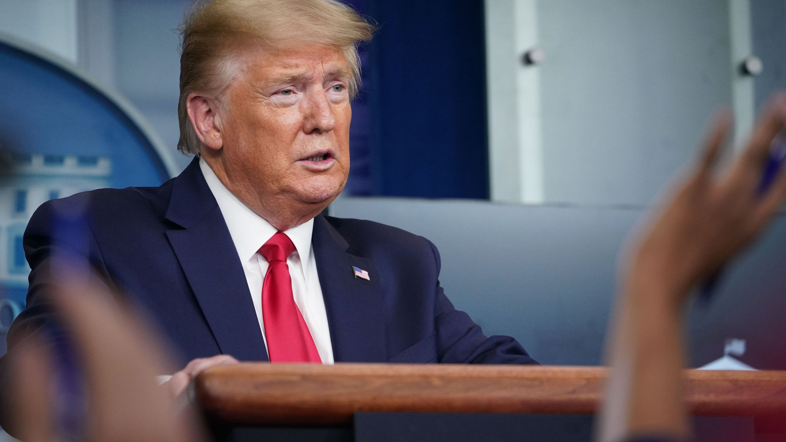 President Donald Trump answers questions from reporters during the daily briefing on the novel coronavirus, COVID-19, in the Brady Briefing Room at the White House on April 8, 2020. (MANDEL NGAN/AFP via Getty Images)