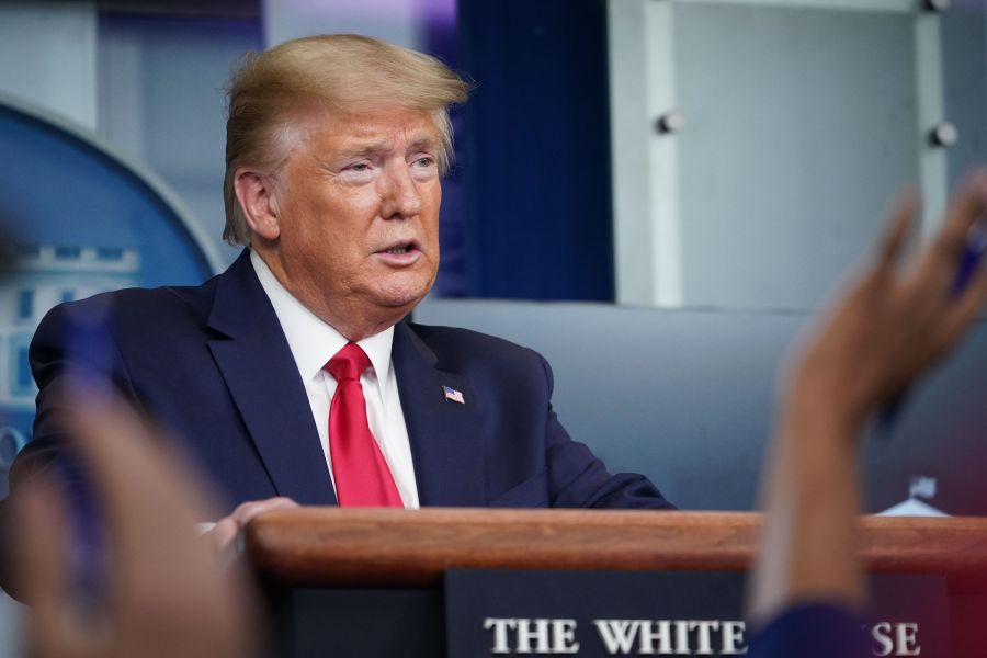 President Donald Trump answers questions from reporters during the daily briefing on the novel coronavirus, COVID-19, in the Brady Briefing Room at the White House on April 8, 2020. (MANDEL NGAN/AFP via Getty Images)