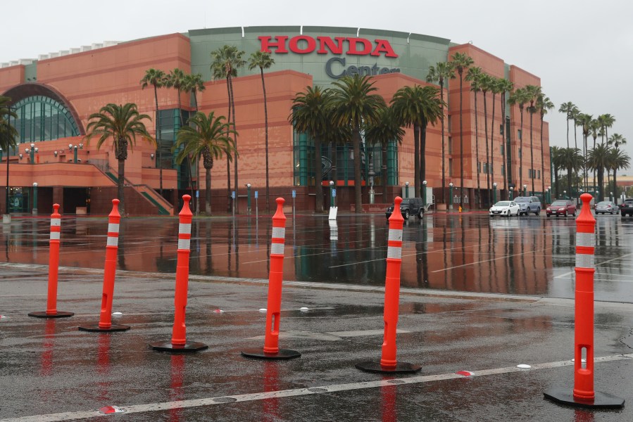 A view of the empty Honda Center after the cancellation of the Big West Men's Basketball Tournament due to the medical emergency Covid-19 (Coronavirus) at Honda Center on March 12, 2020 in Anaheim, California. (Joe Scarnici/Getty Images)