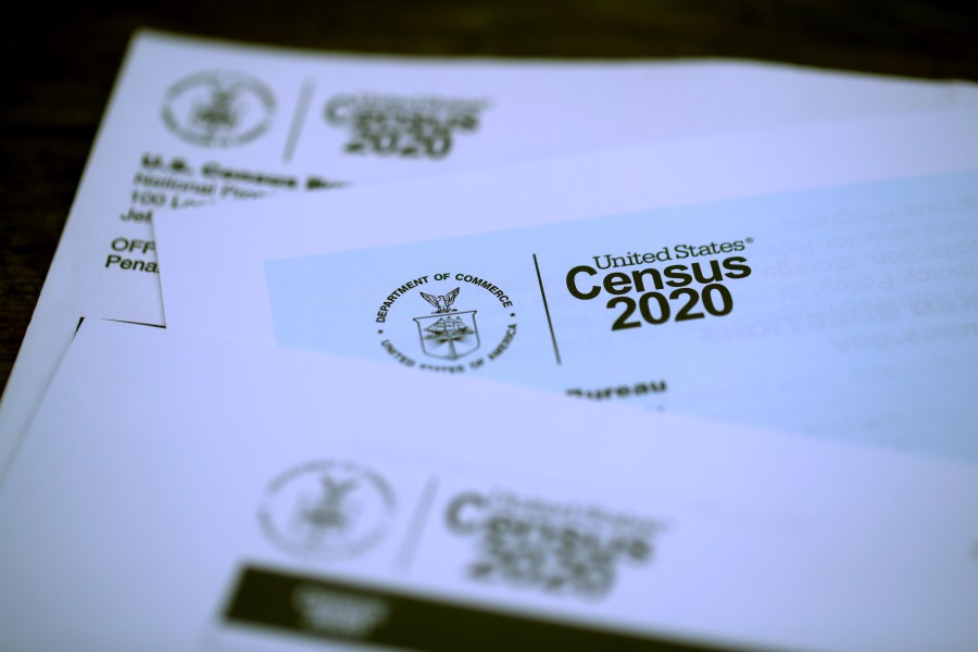 The U.S. Census logo appears on census materials received in the mail with an invitation to fill out census information online on March 19, 2020 in San Anselmo. (Justin Sullivan/Getty Images)