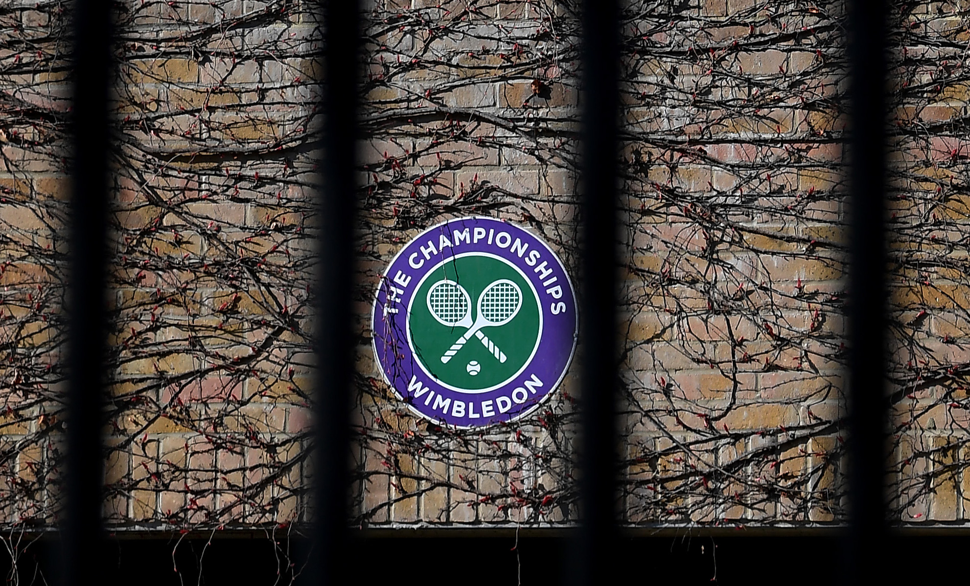 Wimbledon branding is seen at The All England Tennis and Croquet Club, best known as the venue for the Wimbledon Tennis Championships, on April 1, 2020 in London, England. (Alex Davidson/Getty Images)