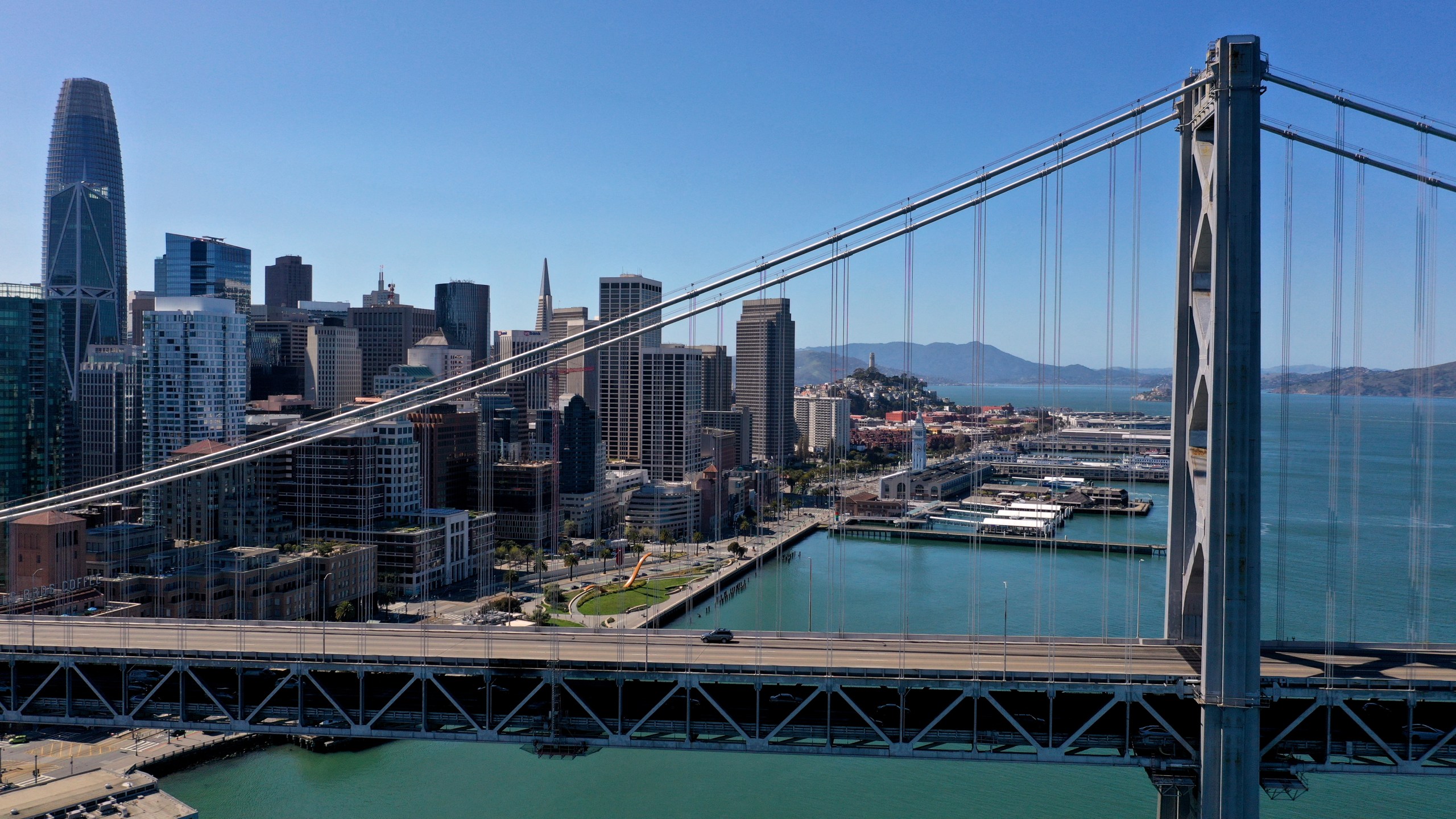 A single car drives on the San Francisco – Oakland Bay Bridge on April 1, 2020 in San Francisco, California. (Justin Sullivan/Getty Images)