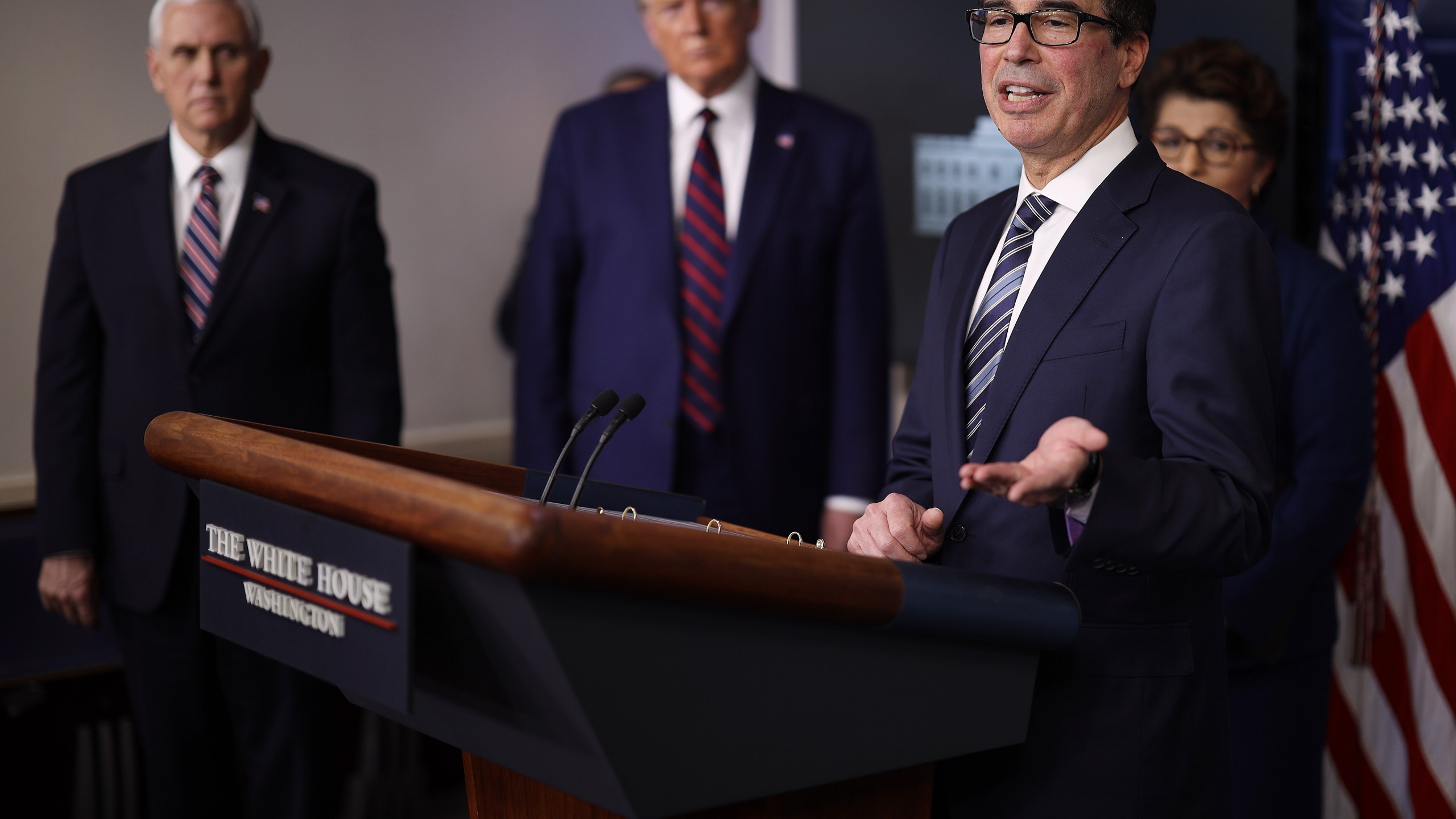 U.S. Treasury Secretary Steven Mnuchin speaks in the press briefing room with President Donald Trump, Vice President Mike Pence and Small Business Administrator Jovita Carranza during the Coronavirus Task Force briefing April 2, 2020, in Washington, D.C. (Win McNamee/Getty Images)