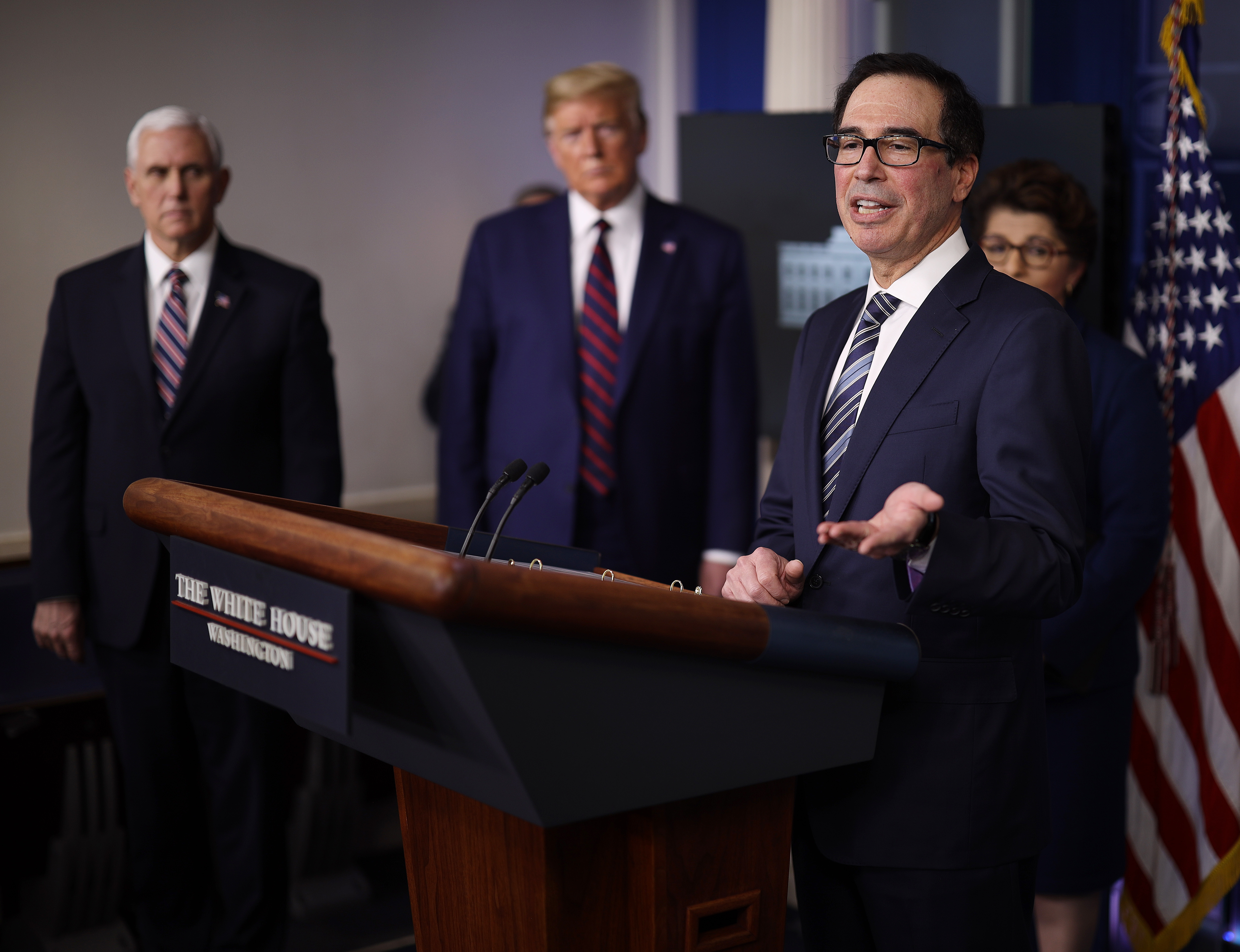 U.S. Treasury Secretary Steven Mnuchin speaks in the press briefing room with President Donald Trump, Vice President Mike Pence and Small Business Administrator Jovita Carranza during the Coronavirus Task Force briefing April 2, 2020, in Washington, D.C. (Win McNamee/Getty Images)