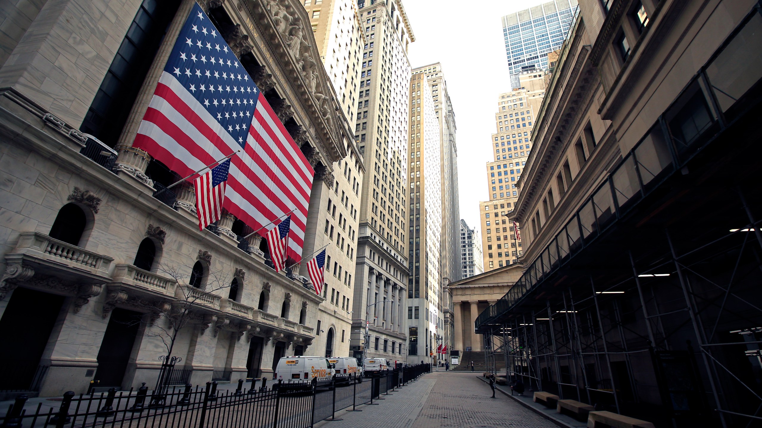 The New York Stock Exchange near Wall Street is seen on April 25, 2020 in New York City. (Justin Heiman/Getty Images)