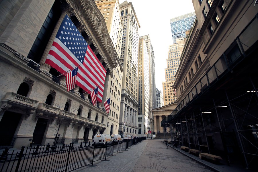 The New York Stock Exchange near Wall Street is seen on April 25, 2020 in New York City. (Justin Heiman/Getty Images)