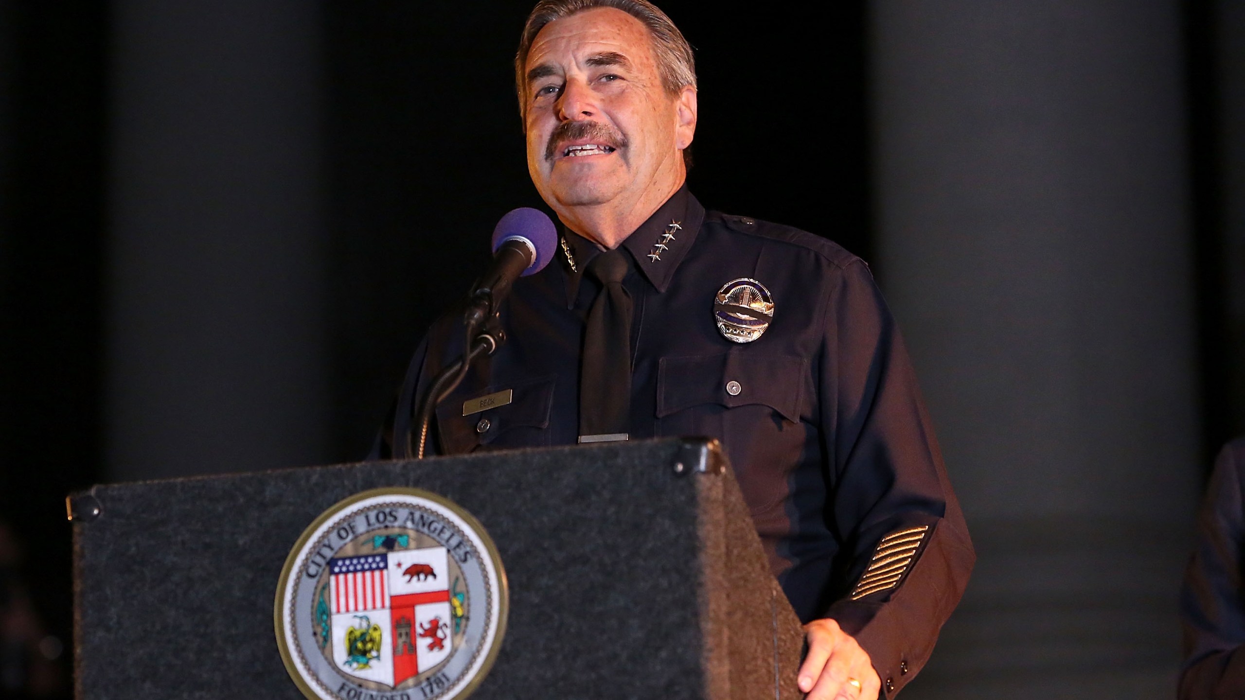 Los Angeles Police Department Chief Charlie Beck attends a ceremony honoring Adam West at Los Angeles City Hall on June 15, 2017. (Credit: Jesse Grant / Getty Images)