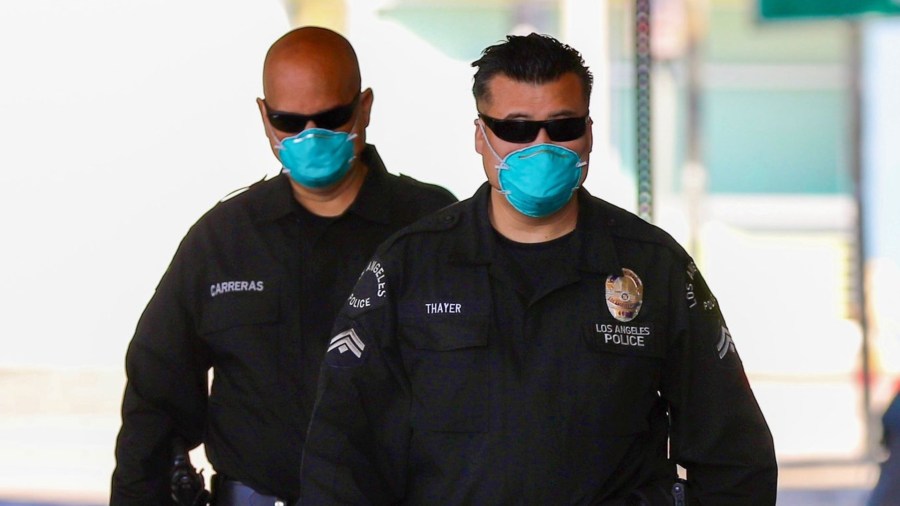 Los Angeles Police Department officers are pictured wearing face masks on April 2, 2020. (LAPD)