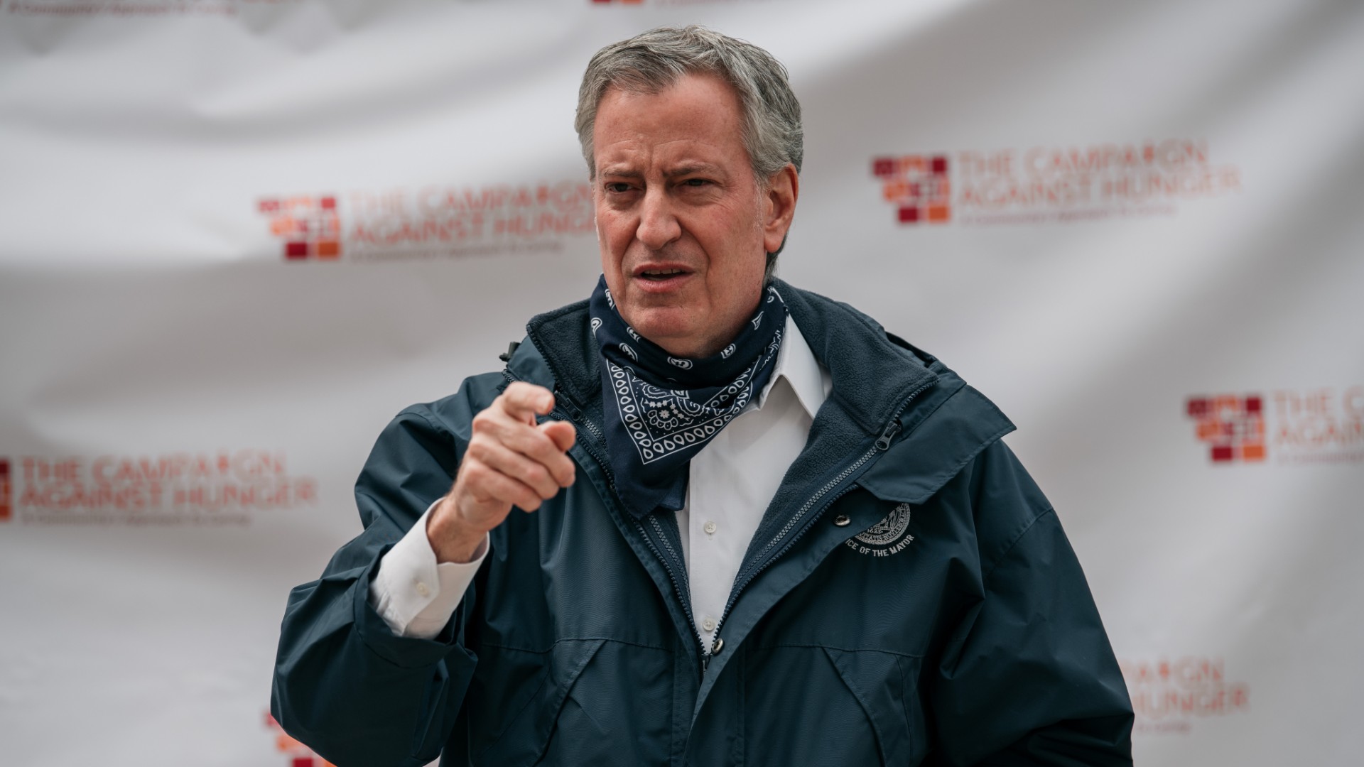 New York City Mayor Bill de Blasio speaks at a food shelf organized by The Campaign Against Hunger in Bed Stuy, Brooklyn on April 14, 2020 in New York City. Before touring the facility de Blasio praised the work of food shelves and community organizations across New York City to combat hunger during the ongoing coronavirus crisis. (Scott Heins/Getty Images)