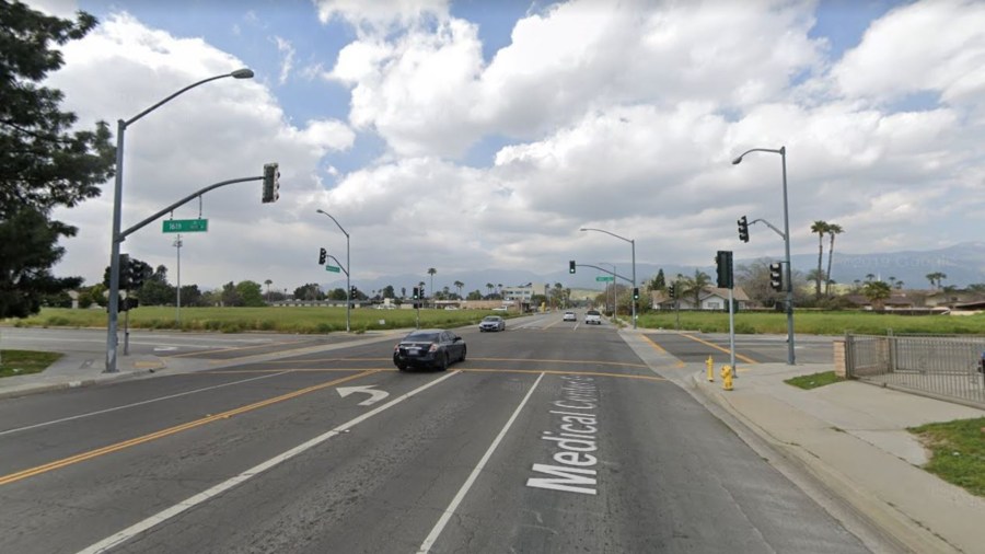 The intersection of 16th Street and Medical Center Drive in San Bernardino, as viewed in a Google Street View image.