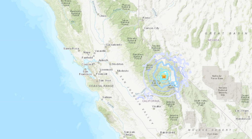 The location of a magnitude 4.4 earthquake that rattled the Sierra Nevada Mountains on April 5, 2020. (USGS)