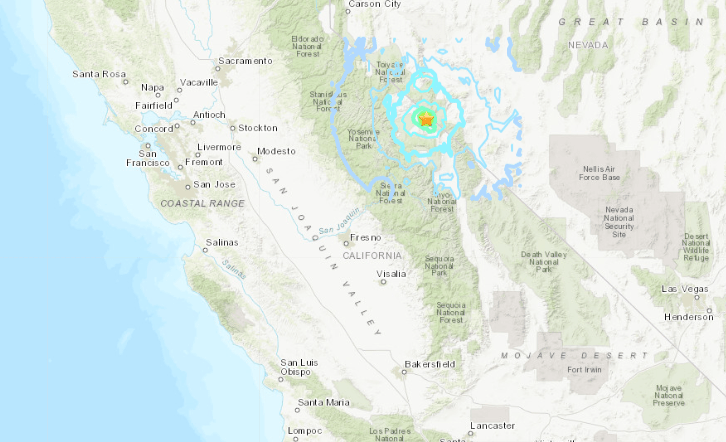 A U.S. Geological Survey map show where a magnitude 5.3 earthquake hit near the California-Nevada border on April 11, 2020.