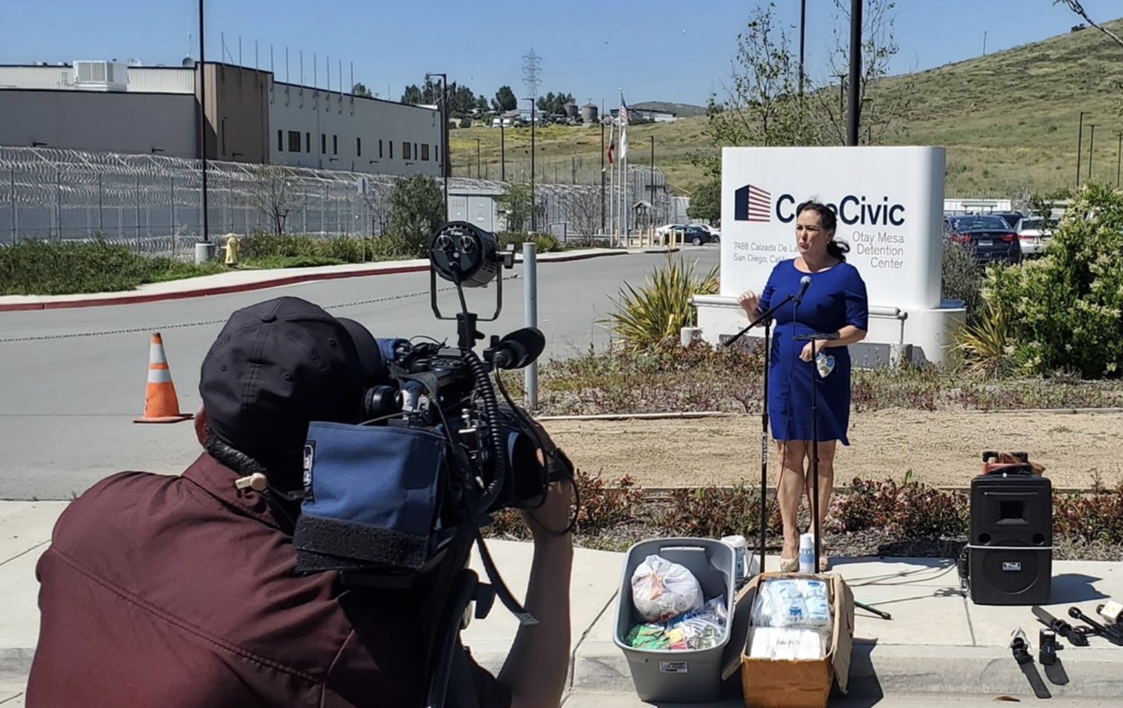 A photo shared by Assemblywoman Lorena Gonzalez (D-San Diego)shows her speaking to the media outside the Otay Mesa Detention Center on April 24, 2020.