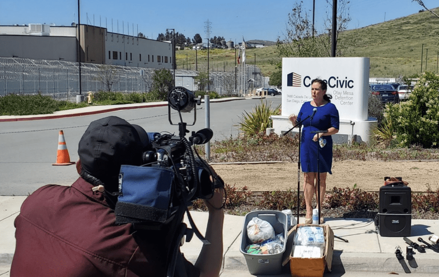 A photo shared by Assemblywoman Lorena Gonzalez (D-San Diego)shows her speaking to the media outside the Otay Mesa Detention Center on April 24, 2020.