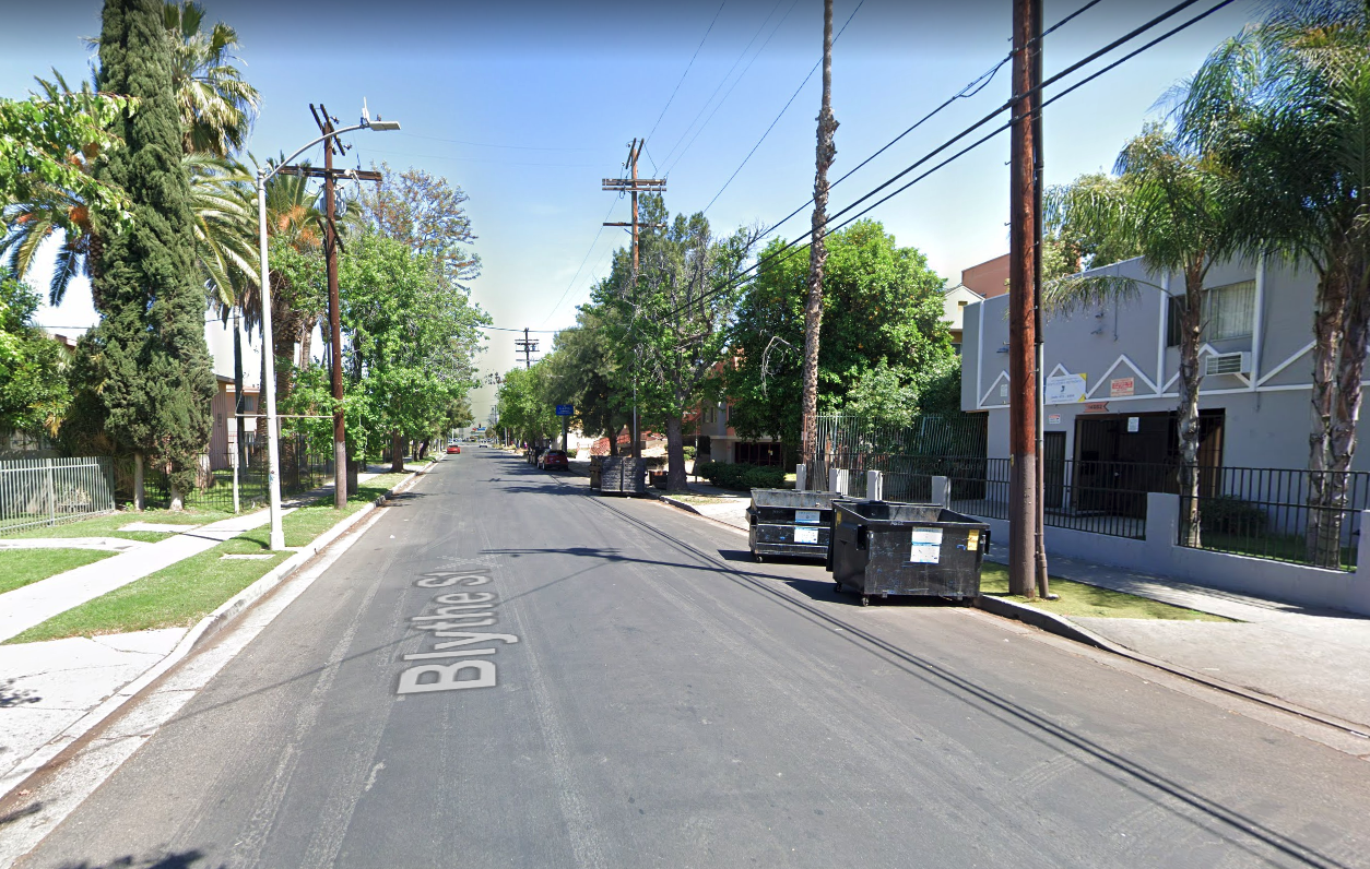 The 14600 block of Blythe Street in Panorama City is shown in a Street View image from Google Maps.