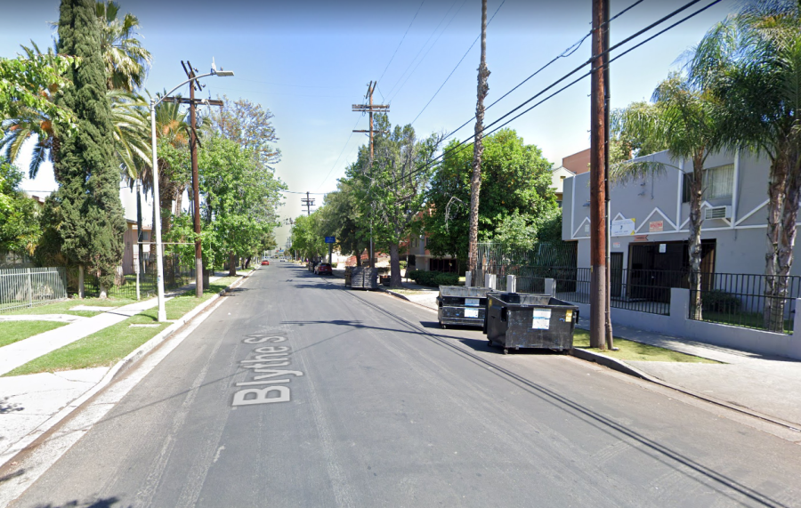 The 14600 block of Blythe Street in Panorama City is shown in a Street View image from Google Maps.