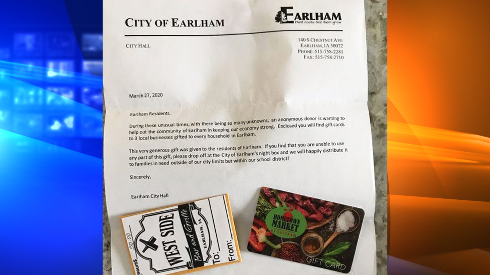 An anonymous donor gave everyone in the town of Earlham $150 worth of gift cards for food in March amid the coronavirus pandemic. (Jeff Little)