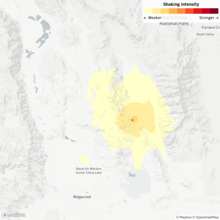 A map shows where a magnitude 3.5 earthquake was felt near Ridgecrest on April 18, 2020. It was followed by a magnitude 3.3 quake minutes later. (Quakebot/Los Angeles Times)