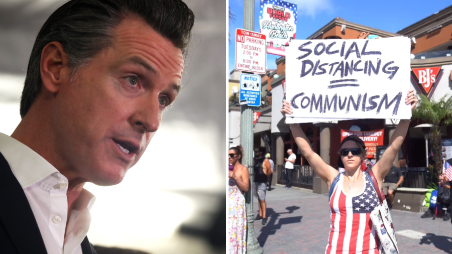 Gov. Gavin Newsom speaks during a a news conference on Jan. 16, 2020 in Oakland. (Justin Sullivan/Getty Images) On the right, a protestor holds up a sign during a rally in Huntington Beach on April 17, 2020. (OC Hawk)