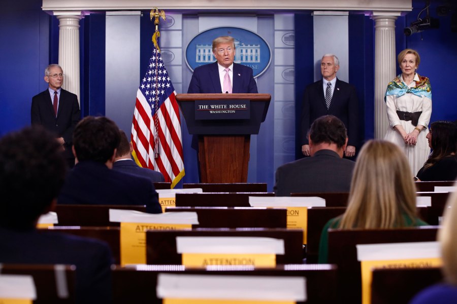 President Donald Trump speaks during a coronavirus task force briefing at the White House, Saturday, April 4, 2020, in Washington. President Donald Trump said he is considering a second coronavirus task force focused on reopening the country's economy. (Patrick Semansky/AP)