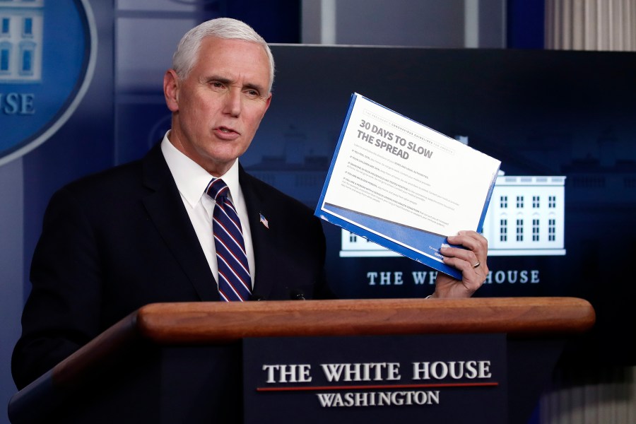 Vice President Mike Pence speaks about the coronavirus in the James Brady Press Briefing Room of the White House, Wednesday, April 8, 2020, in Washington. (AP Photo/Alex Brandon)