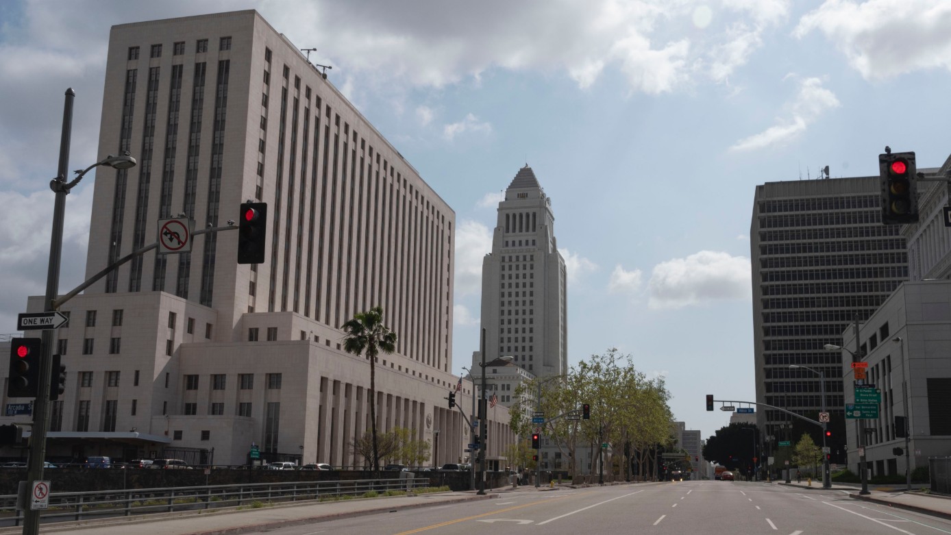 Red traffic lights are seen at a downtown Los Angeles intersection in this picture posted on the LADOT website.