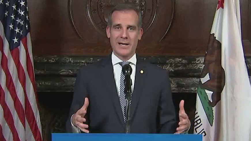 Los Angeles Mayor Eric Garcetti talks about the new Angeleno Card on April 13, 2020. (KTLA)